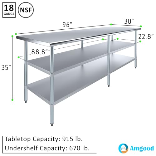 Image of AmGood Stainless Steel Work Table with 2 Shelves | NSF | Metal Utility Table (96 inch Long x 30 inch Deep)