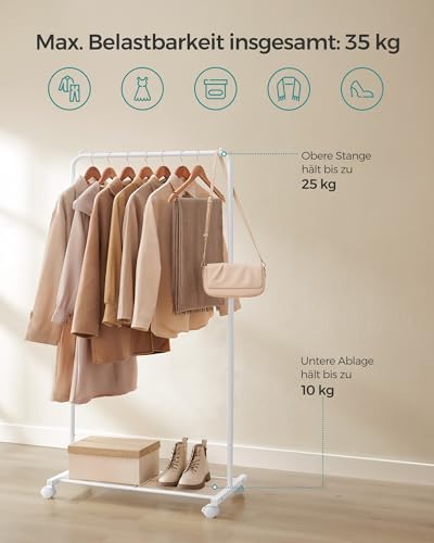 SONGMICS Kleiderständer, Kleiderstange auf Rollen, Garderobenständer 74 cm breit, Rollgarderobe mit Gitterablage, bis 35 kg belastbar, 2 Rollen arretierbar, Stahlrahmen, weiß HSR130W01