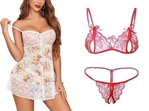 Image of SSoShHub Lace Babydoll Lingerie Sexy Mini Chemise Mesh Wedding Nightie Bridal Nightdress with Bikini