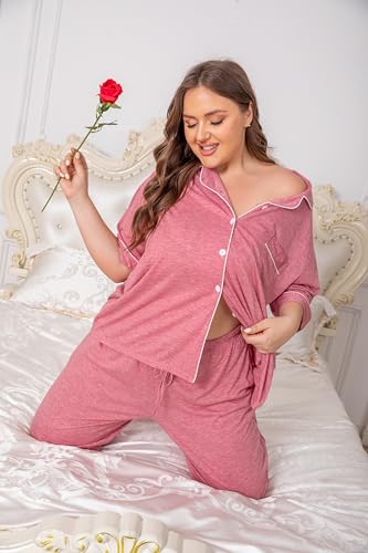 Image of Vozanet Women Plus Size Pajamas Button Down Rayon Softness PJS Classic Sleepwear Short Long Loungewear 2pcs with Pockets