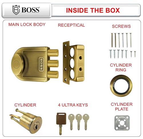 Image of B BOSS Three Dead Bolt Rim Lock with 4 High Security 14 Pin Ultra Keys Universal for Left /Right Handed Inside Opening Office or Home Main Door 15 Years Manufactuing Warranty (Antique Brass)