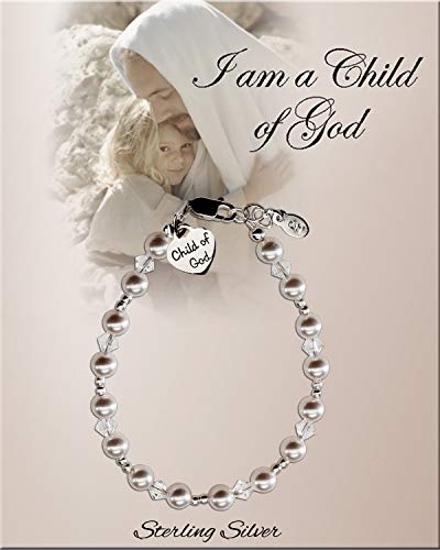 Precious Pieces Children's Sterling Silver "Child of God" Heart Charm Bracelet with High-End Simulated Pearls Baptism or First Communion Gift2