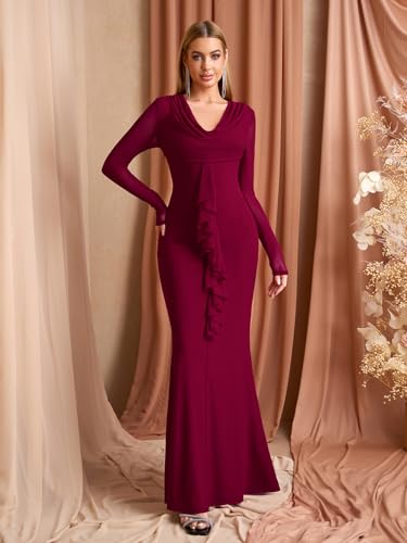 EYNMIN Long Sleeve Maxi Dress V Neck Ruffle Bodycon Mesh Elegant Formal Wedding Guest Dresses for Women 2025 Fall4