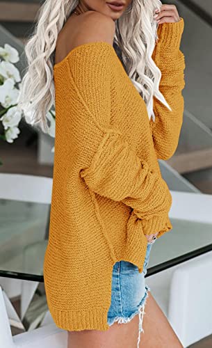 Image of Women's Off Shoulder Knit Sweaters Oversized V Neck Long Sleeve Loose Lightweight Pullover Tops