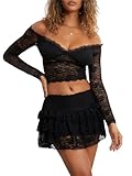 ensswliz 2 Pieces Mini Skirt Set for Women Elegant Lace Floral Off Shoulder Crop Top Sheer Mesh Bodycon Skirts Y2K skirt sets (A-Black, S)