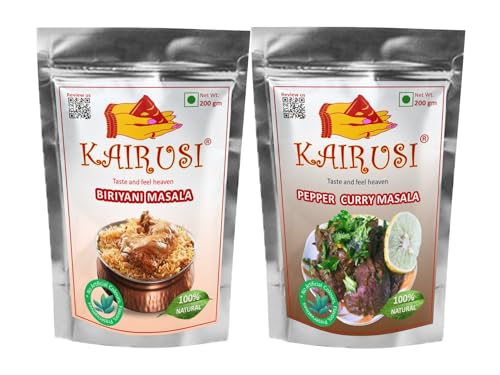 Kairusi Homemade Biryani Masala, Pepper Curry Masala Each 200g, (Combo Pack of 2) natural spice blend with no added flavors, preservatives, or artificial aromas