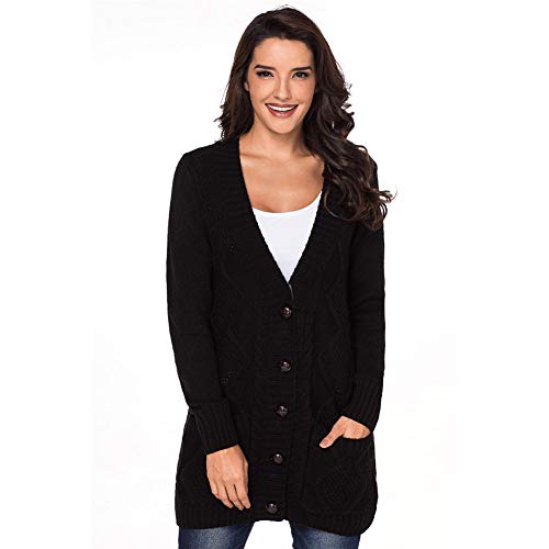 UR MAX BEAUTY Damen Strickjacke mit offener Vordertasche, Lange Ärmel, Knopfleiste, Schwarz, XXL Cover