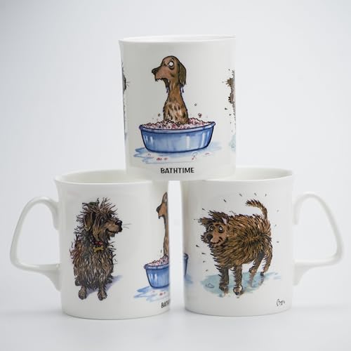 Fun Cartoon Dog Themed Bone China Mug. Bathtime by Bryn Parry