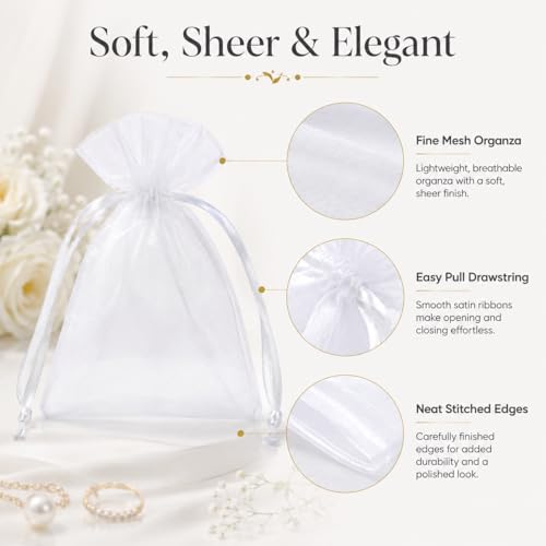 Image of Hopttreely 50pcs White Organza Bags, 4x4.72 inch Mesh Bags Drawstring Gift Bags Jewelry Pouches for Candy Wedding Favors Christmas, Bridal Showers, Candy, Jewelry & Goodie Bags
