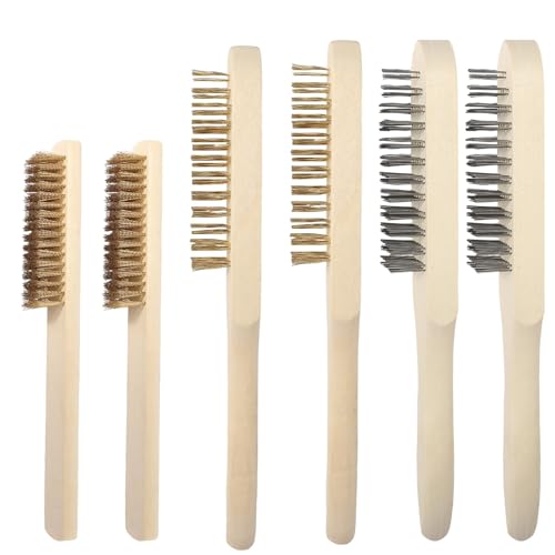 prota Metallbürste mit Holzgriff 6 Stück Holzgriff Messingbürste Drahtbürste mit Holzgriff Handdrahtbürste Set Stahlbürste Metallbürste Wire Brush für Sauberen Rost Schmutz