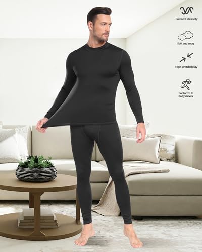 UNIQUEBLLA Long Johns Thermal Underwear Set for Men Thermal Base Layer Cold Weather Bottom Top Black