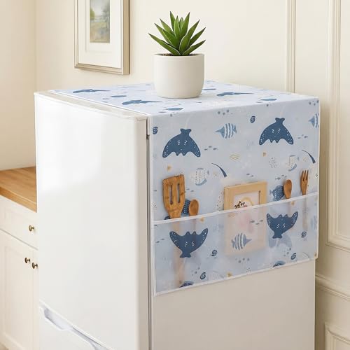 Image of Refrigerator Top Cover,PEVA Waterproof Washable Fridge Cover Double Door & Single Door Protection, Durable Dust & Stain Resistant,130x55 CMS,Blue Fish