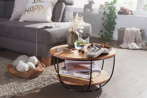 FineBuy Table Basse Acacia en Bois Massif 60 x 34,5 x 60 cm | Table d'appoint de Style Industriel avec 2 Plateaux – Image 5
