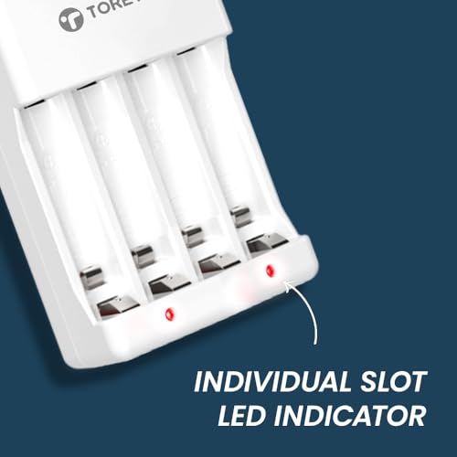 Image of Toreto Powerpod AA /AAA Battery Charger for Ni-MH /Ni-Cd Rechargeable Batteries, Charges 2 or 4 Cells, Smart Charge Control, Dual LED Indicators, Indian Plug, 220V AC Input (White)