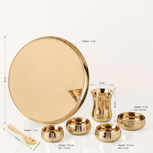 Image of The healing store 7-Piece Kansa Solid Dinner Set|Shine Finish|1 Plate (11.5 inch Thali),3 Bowls,1 Glass,1 Sweet Dish Plate,1 Spoon | Bronze Kansa Dinner Set 7 Shine Polish