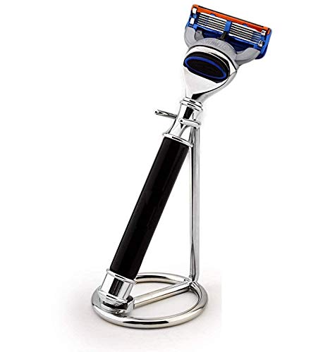 Maquinilla de afeitar compatible con 5 bordes en negro y soporte de acero inoxidable, ideal para uso diario y apto para afeitado en mojado, perfecto como regalo Cover