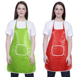Image of Rexine Waterproof Kitchen Apron Multi color With Front Pocket-Set Of 2
