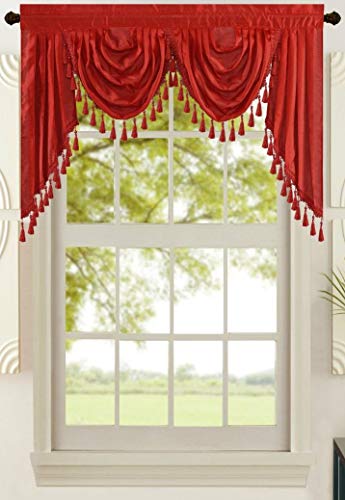 All American Collection New Attached Solid Faux Silk Double Waterfall Valance With Tails (55 Inches X 32 Inches, Red Valance), Full #TOP1