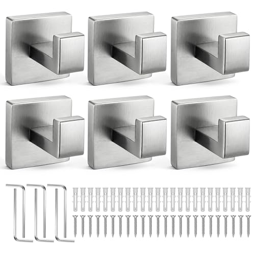 KongTiva 6 Pack Towel Hooks for Bathrooms Livingroom Bedroom Kitchen, Modern Square Brushed Silver Towel Hook Heavy Duty Stainless Steel Hook Hanger Wall Mount for Robe Bath Towel Coat