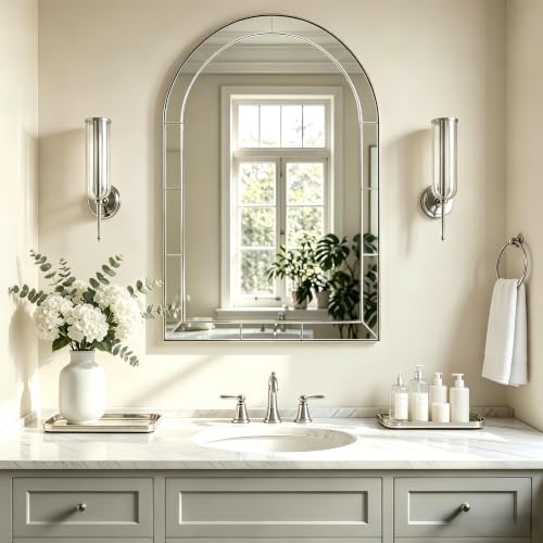 Image of MOON MIRROR Arched Mirror for Bathroom, Bathroom Mirrors for Over Sink, 26x38 inch Brushed Nickel Non-Rusting Vanity Mirror in Delicate Tessellated Glass Design