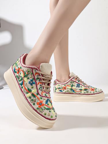 Image of Vendoz Women Hand Embroidery Wedding Party Bridal Floral High Heel Sneakers I Cushioned Insole I Comfortable Wear Wedge Shoes I for Ladies and Girls
