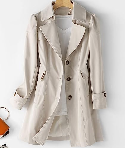 SOMTHRON Women\'s Single Breasted Mid-Length Trench Coat Puff Sleeve Lapel Overcoat Windproof Classic Outerwear BW-M