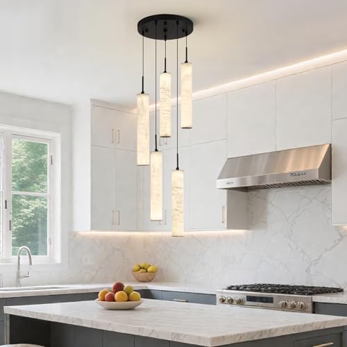 Image of LMQNINE Natural Alabaster Pendant Lights for Kitchen Island White Marble Long Tube Chandelier 4000K Modern Black Ceiling Light Fixtures for Bedroom Dining Room Table Living Room Hallway(M-5Light)