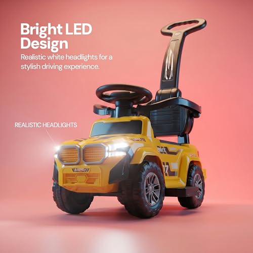 Image of Baybee Nitro Pro Ride on Cars for Kids | Baby Push Ride ons Toys Car with Parental Handle & Safety Guardrail | Baby Toy Car with Backrest, Light & Music | Outdoor Kids Cars for 1 to 3 Years (Yellow)