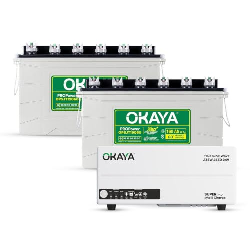 Image of Okaya Inverter with Two Battery Combo for Home, Office & Shops|ATSW2550 24V True Sine Wave Inverter 2000VA with 36 Months Warranty & OPSJT19060 160Ah Battery 60 Months Warranty