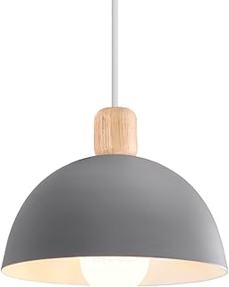 iDEGU Lustre Suspension Rétro Suspension Luminaire Moderne Style Demi-Cercle Plafonnier E27 en Bois Métal Lampe Suspension pour Chambre Salle à Manger Cuisine, Ø 20CM (Gris 1 pack)