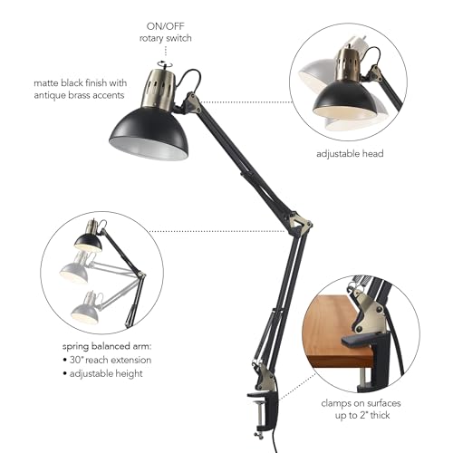 Image of Globe Electric 62000009 32 inch Multi-Joint Desk Lamp with Metal Clamp, Matte Black, Antique Brass Accents, On /Off Rotary Switch on Shade, Partially Adjustable Swing Arm, Home Decor, Office Accessory