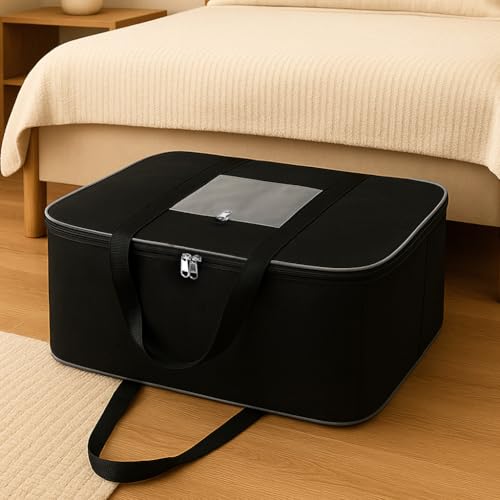 HomeStrap Nylon Large Underbed Rectangular Storage Bag / Cover / Organizer for Clothes, Blanket, Quilt, Shoes and Books with Handle and Zip Closure (70 L, Black and Grey)