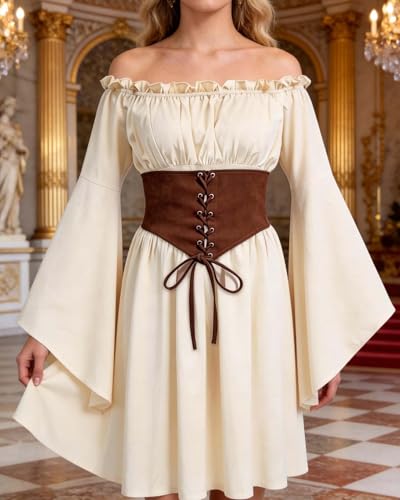 MOSTORY Renaissance Costume for Women - Beige Victorian Medieval Waist Corset Dress for Renfaire Accessories, Off Shoulder Peasant Fairy Dresses with Long Bell Sleeve for Pirate Cosplay - image 7