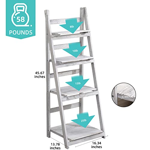 Babion Foldable Plant Shelf, White Ladder Shelf, Wood Rustic Ladder Bookshelf, Indoor Plant Stand, Ladder Shelves for Patio Garden- White - Thumbnail 3