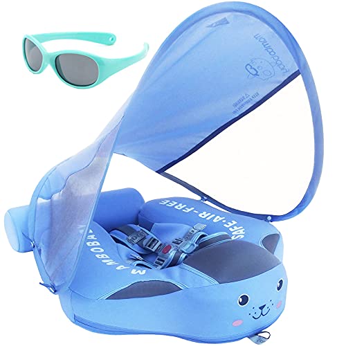 Image of Mambobaby Newest Non Inflatable Baby Float Size Improved Add Tail Avoid Flip Over Swim Trainer Solid Infant Pool Float with Canopy UPF 50+ Swim Ring