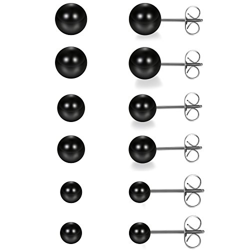 JewelryWe Bijoux 3-8mm 6Paires Boucles d’Oreilles Perle Boule Fantaisie Clous d’Oreilles Acier Inoxydable Couleur Noir Avec Sac Cadeau