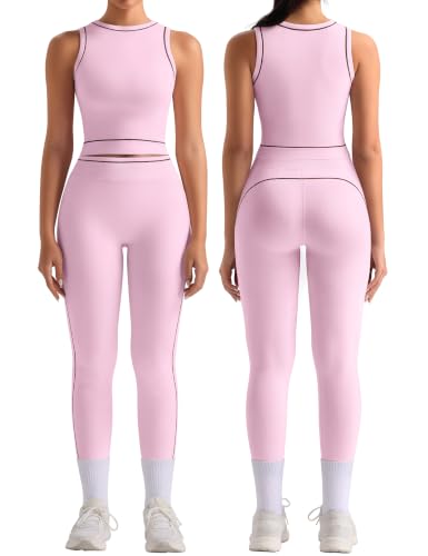 TDIFFUN Women Workout Sets 2 Piece Seamless Crop Tank Tops Butt Lifting Leggings Contrast Trim Matching Set Gym Yoga Outfits (Pink, Medium)