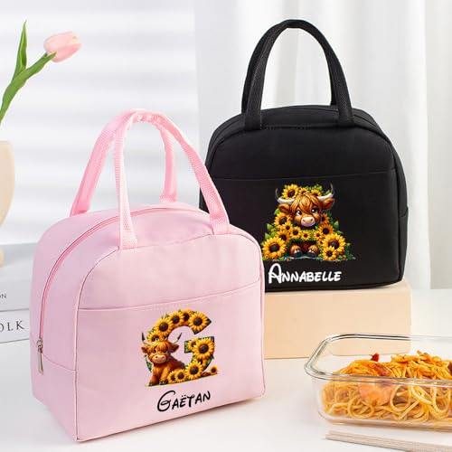 zouwii Bolsa Térmica Personalizada Vaca y Girasoles - Lonchera Reutilizable con Nombre e Inicial para Niños y Adultos - Bolso de Almuerzo Aislante para Escuela, Trabajo y Picnic