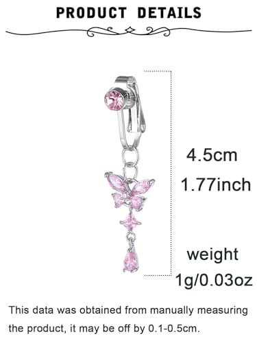 Qwalit QFDQD231202 Fake Belly Button Ring Clip On Belly Rings Fake Belly Button Piercing Jewelry Heart Butterfly Pink Faux Fake Belly Piercings Dangling Non Piercing Navel Ring thumb #1