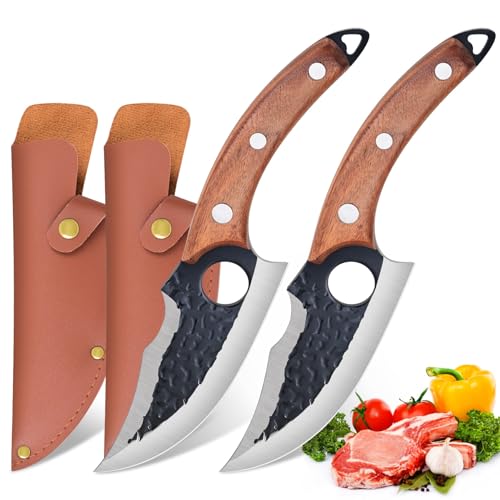 Product Image of the Hand Forged Boning Knife 2 Pack, Chef Knife for Meat Cutting, Butcher Knife, Meat Cleaver Knife, Hunting Knife, High Carbon Steel Fillet Knives for Kitchen, BBQ, Home, Outdoor, Camping Thanksgiving