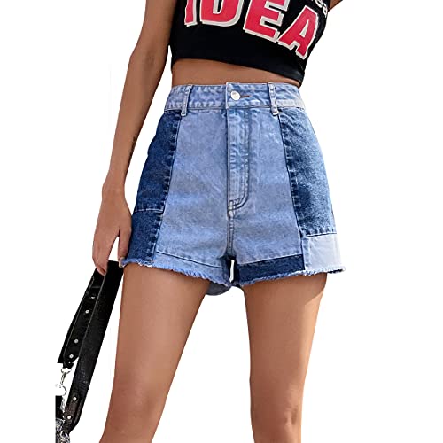 HBER Patchwork Jean Shorts Women Frayed Raw Hem Straight Leg Loose Fit A Line Denim Shorts