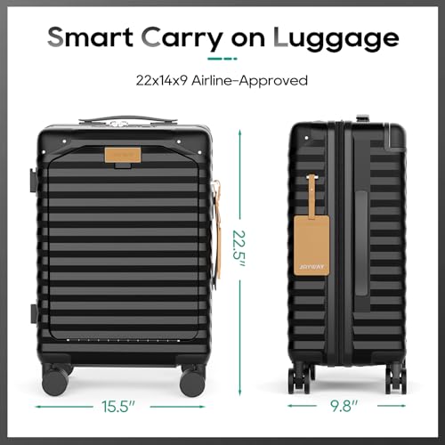Image of Joyway 20 Inch Carry on Luggage with Front Pocket, PC Hardshell Carry-on Suitcase with USB Port and Cup Holder, 21.5x14.2x9 Airline Approved, Luggage with Spinner Wheels and TSA Lock (Black)