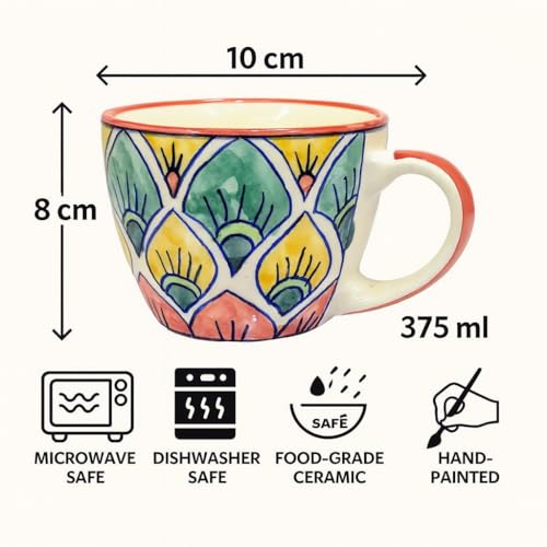 Image of KITTENS Ceramic Mug Set of 2 - 375ml | Hand-Painted Peacock Feather Pattern | Microwave & Dishwasher Safe | Food Grade | Tea, Coffee, Snacks | Ideal Gift for Home, Office & Festive Gifting