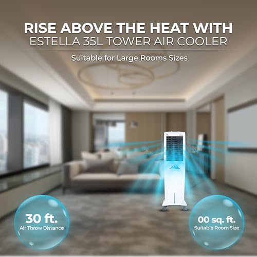 Image of RR Estella 35 LTR | Personal Tower Air Cooler with High Air Delivery, Honeycomb Pads, Castor Wheels | Room Cooler with Inverter Compatibility| 35L | 1 year Warranty