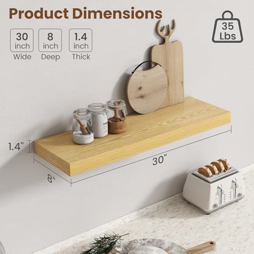 Image of 30 Inch Floating Shelves for Wall, 8 Inch Deep Floating Shelf for Storage & Display, Rustic Wall Mounted Shelf with Invisible Brackets for Living Room, Kitchen, Bathroom, Home Decor, Set of 2, Oak