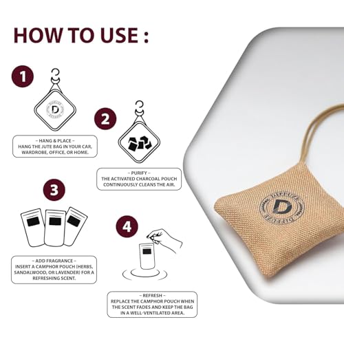 Image of DIFFUZE Camphor Bag Air Freshener | Natural Jute Pouch with Camphor, Herbs, Lavender, Sandalwood & Charcoal | Long Lasting Fragrance for Car, Wardrobe, Kitchen & Travel Bags (Beige, Pack of 3)