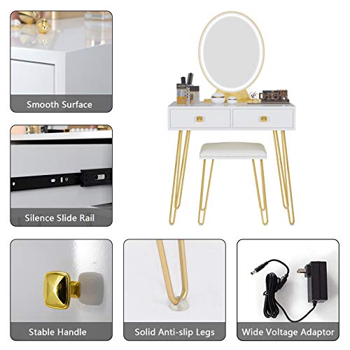 Vanity Table Set with 3 Color Lighted Mirror & Stool, Makeup Dressing Table with Touch Screen Dimming Mirror & 2 Drawers, Wood Modern Bedroom Makeup Desk for Women, Girl, White