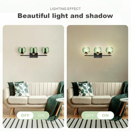 Image of Glass Bathroom Vanity Light Matte Black Mid Century Wall Light Fixtures 3-Light 23.6 Inch Green Globe Shade Indoor Green Glass Wall Sconce for Bedroom Hallway Bedside