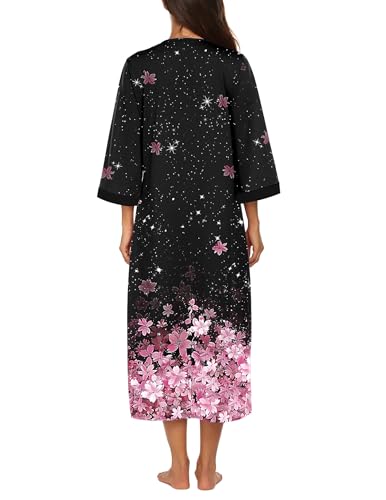 Image of Ekouaer Women Zipper Robe 3 /4 Sleeves Loungewear Dress Full Length Sleepwear Pockets Housecoat Nightgown Long Bathrobe