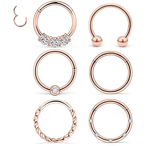 Dyknasz Septum Jewelry 16G Surgical Steel Nose Rings Hoop Septum Clicker Ring with Clear Diamond CZ Cartilage Tragus Helix Earring Piercing Jewelry for Women Men 10mm (3/8") Rose Gold Cover